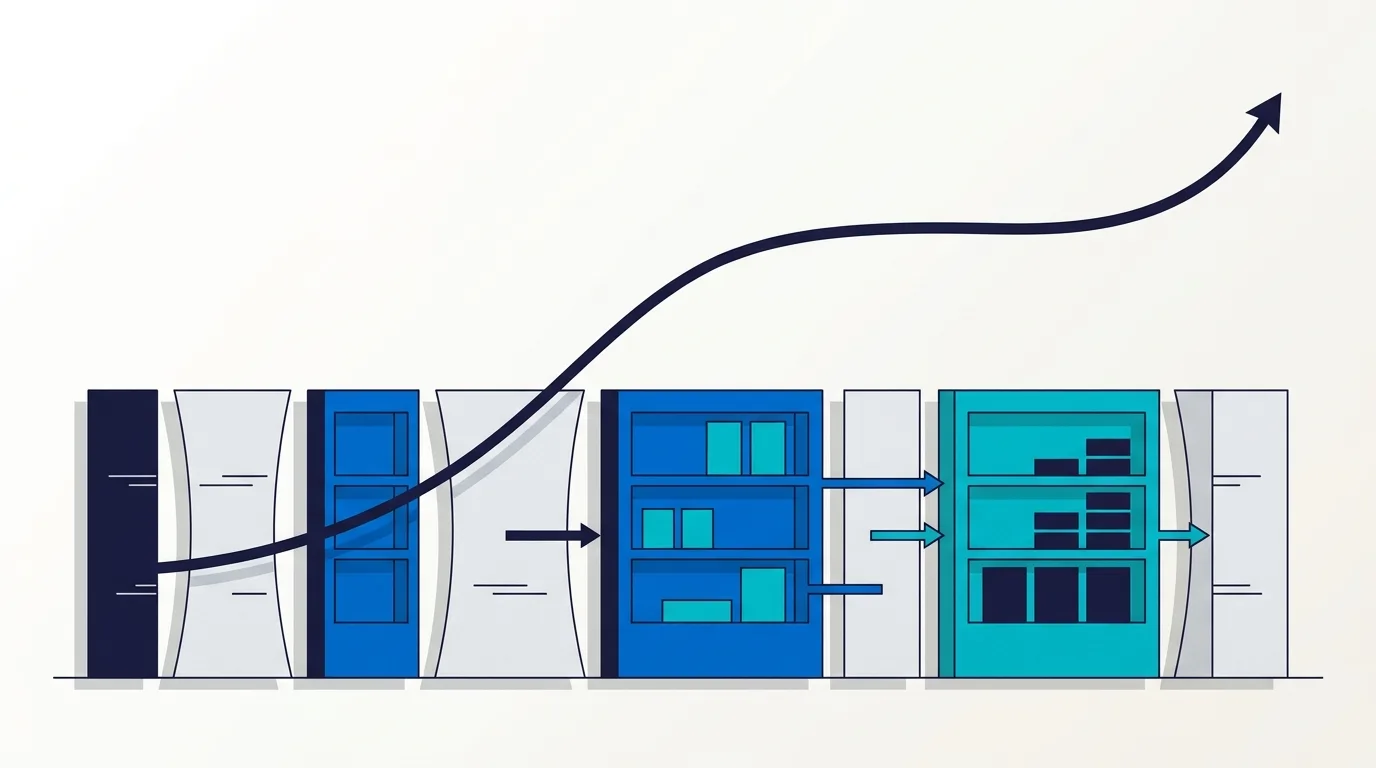 Abstract shelf blocks of varying widths being rebalanced beneath a rising sales-response curve