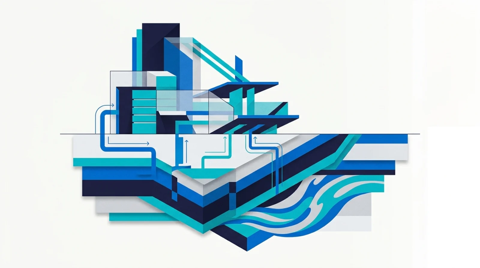 Editorial illustration of a modern data stack from ingestion through warehouse to BI.