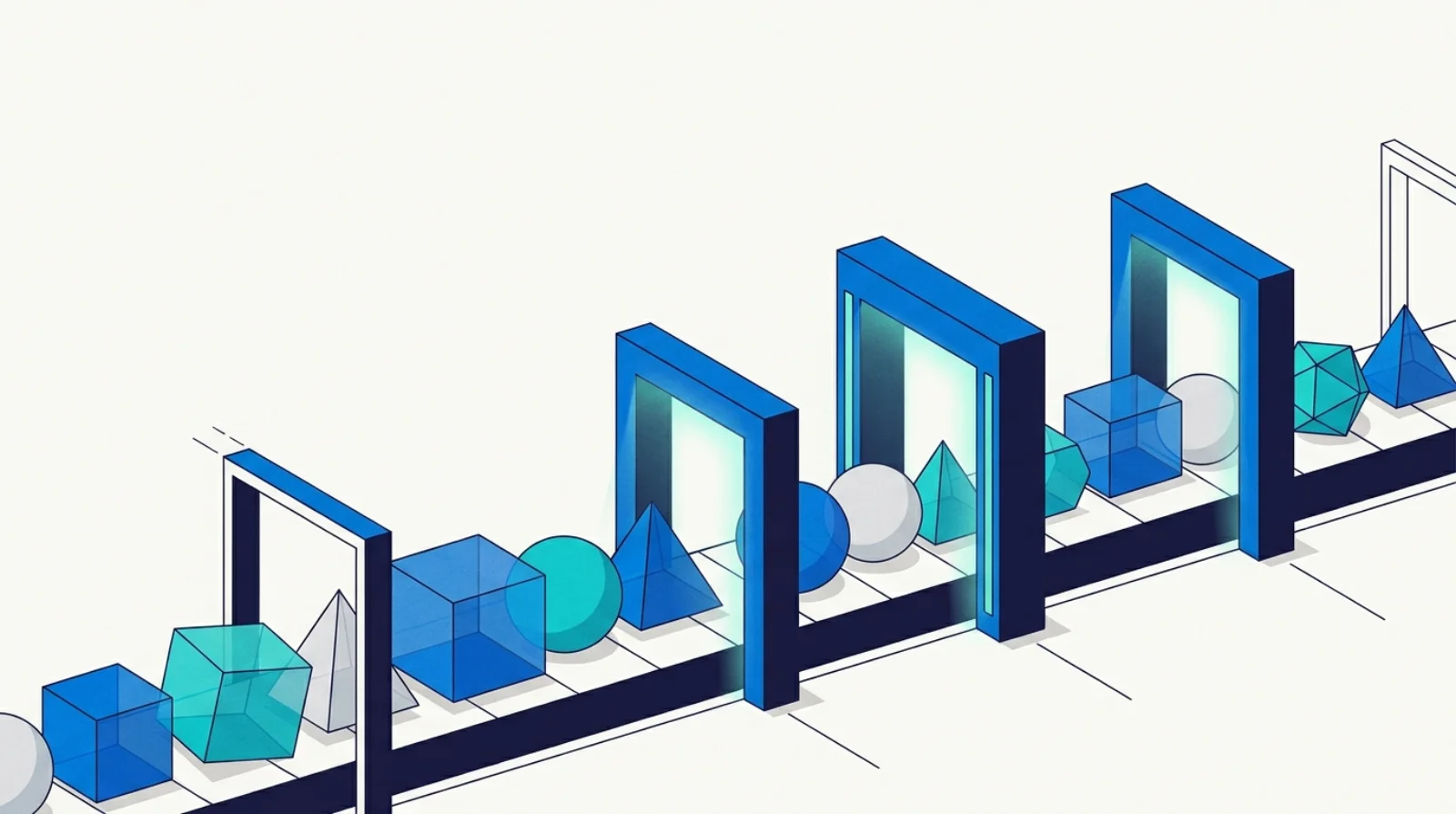 Editorial illustration of a model deployment pipeline with monitoring and retraining loops.