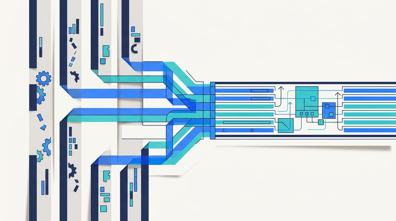 Editorial illustration of fragmented private equity portfolio data streams converging into a single live source of truth